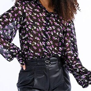 Black and Pink Graphic Blouse with Notched Collar